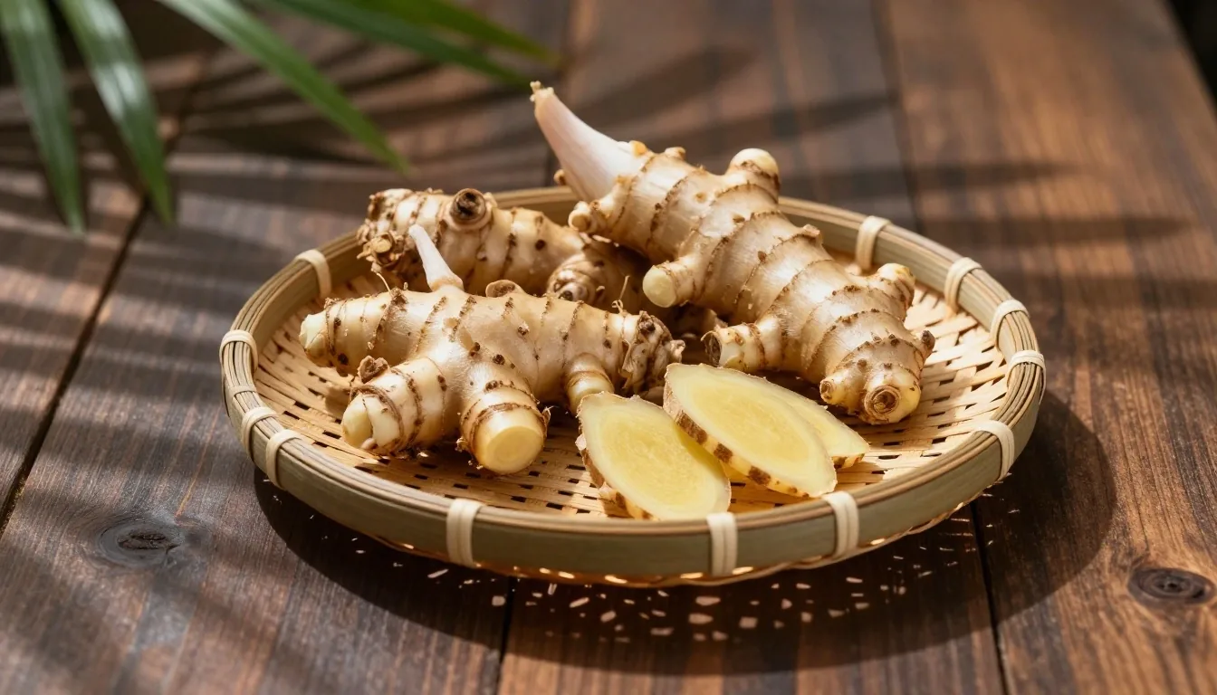 Temulawak and ginger roots on wood