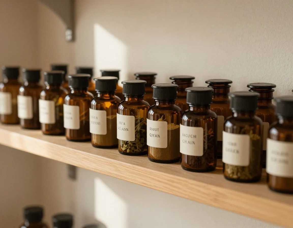 Supplement capsules arranged on a shelf