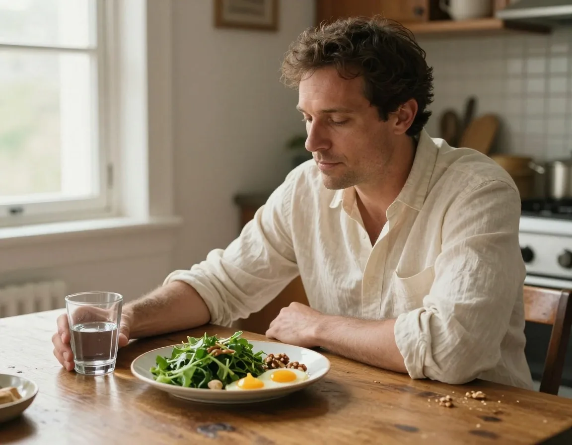 Man resting at a table with water and whole foods in natural light