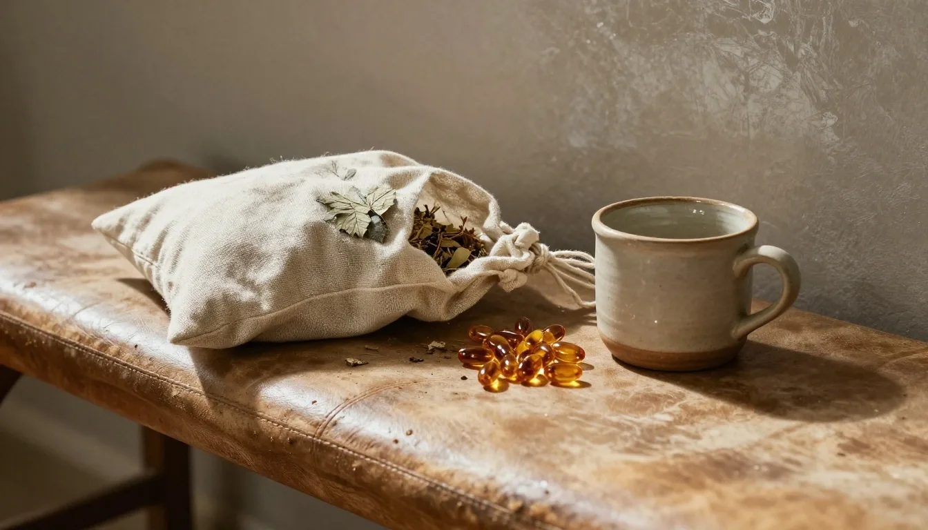 Natural capsules and maca root on a wooden tray in soft morning light
