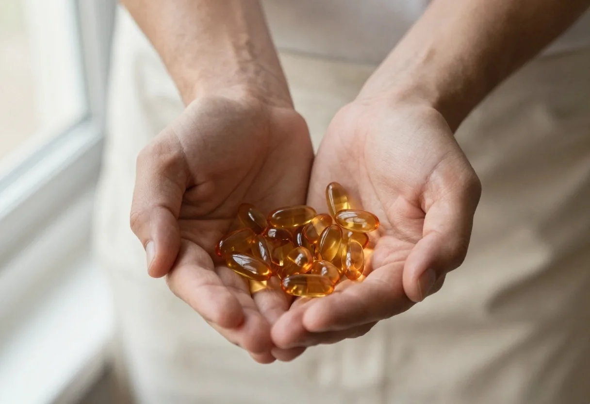 Hands holding supplement capsules