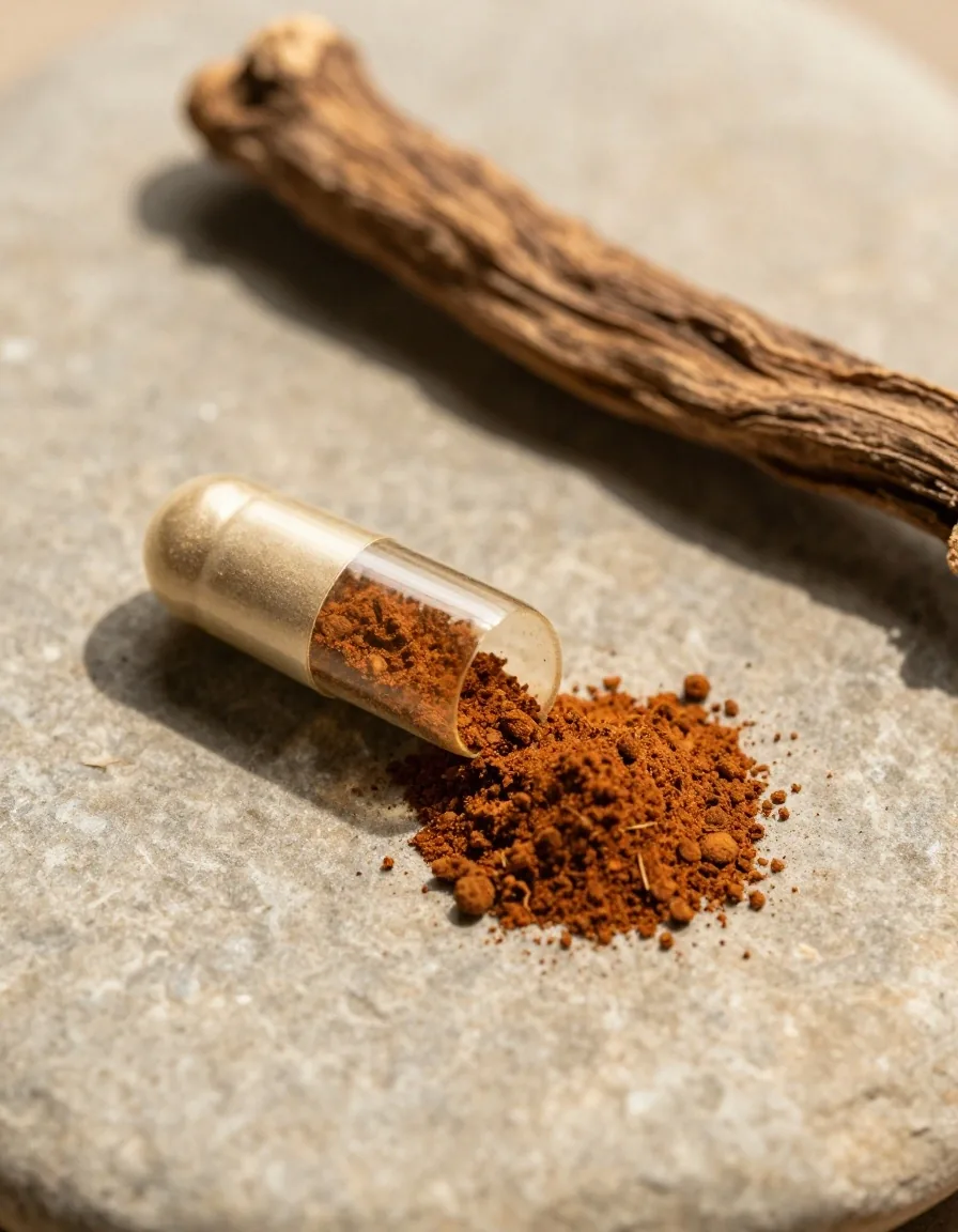 A single herbal capsule with powder visible inside, resting on a stone surface